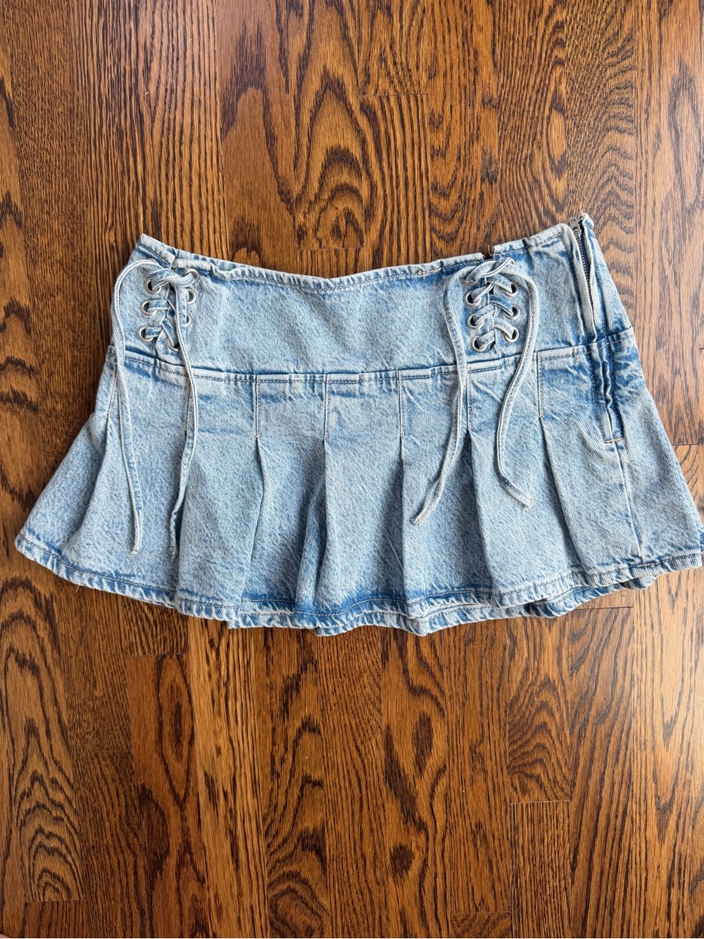 Rita Ora Light Blue Denim Pleated Y2K Moto Bikercore Lace Up Mini Skirt
